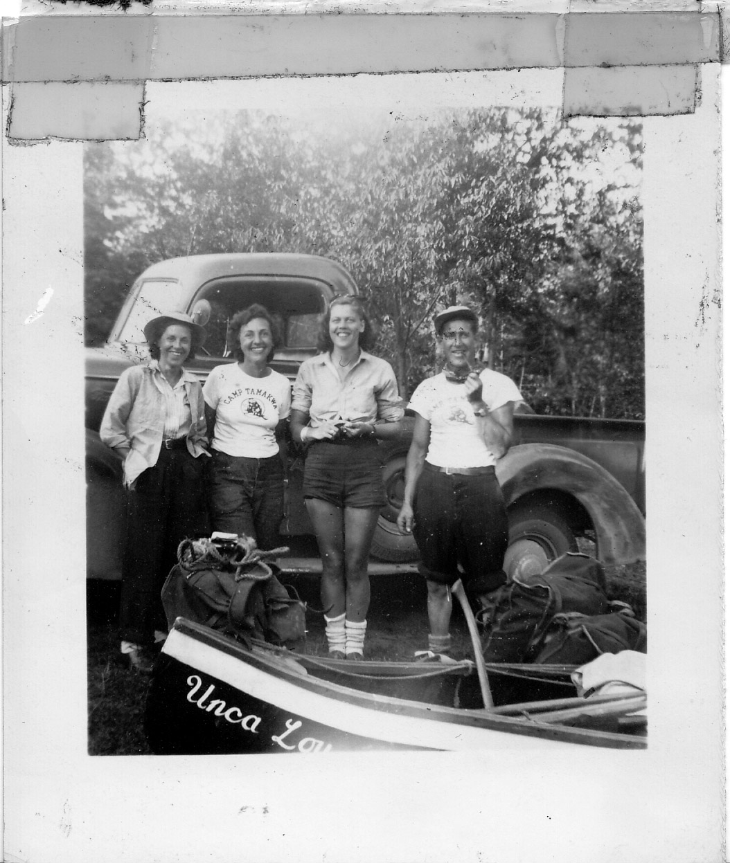 1946 Canoe Trip. Mabel Stringer, Edie Brooks (soon to be Stringer), Marion Stringer, and Omer